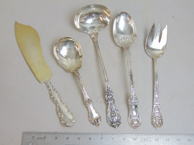 5 large sterling silver serving pieces, ladle, serving spoons, fork & fish knife, ladle is 12", 24.6 (1 of 7)