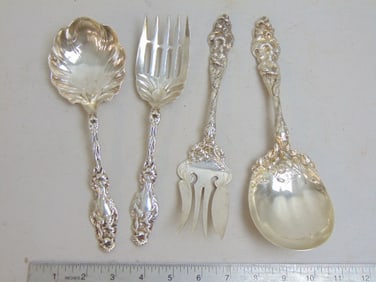 2 pair large fancy sterling serving pieces, 9.5" & 8 7/8" long, 18.4 troy