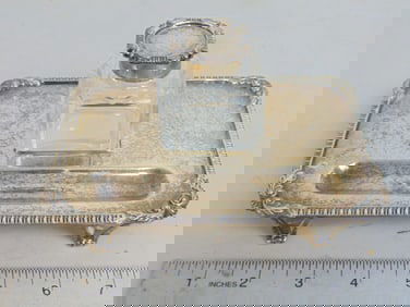 Silver desk tray with cut glass ink bottle, hinge to lid broken, 6.75" by 4.5", hallmarked, 8 troy