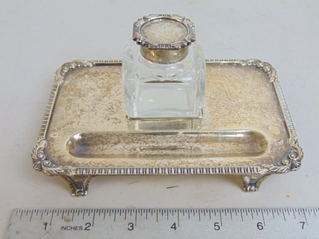 Silver desk tray with cut glass ink bottle, hinge to lid broken, 6.75" by 4.5", hallmarked, 8 troy (1 of 4)