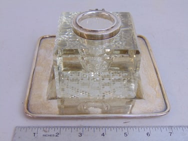 Large cut glass inkwell on sterling Black Starr & Frost base, lid missing, base is 7" by 7", 9.4