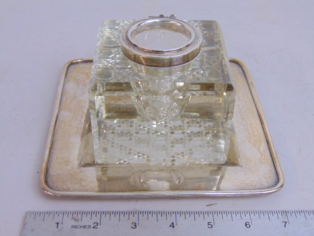 Large cut glass inkwell on sterling Black Starr & Frost base, lid missing, base is 7" by 7", 9.4 (1 of 4)