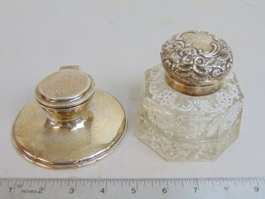 2 inkwells, cut glass with sterling lid & hallmarked inkwell with missing reservoir, hinge on cut