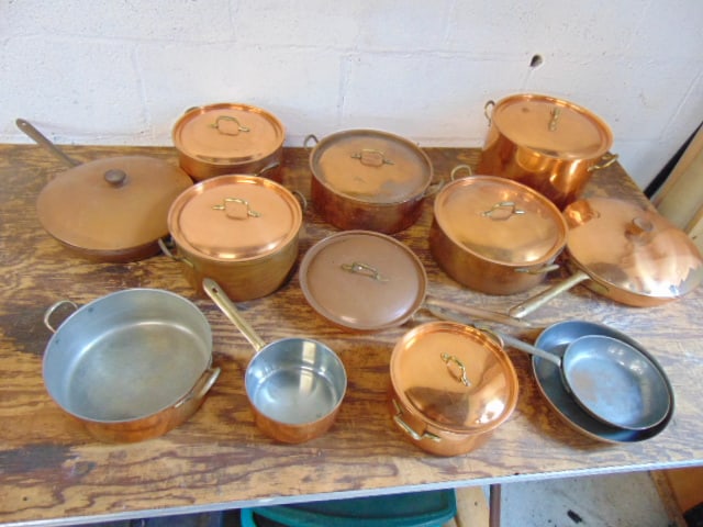 Large lot 13 copper pots, pans & skillets, made in Portugal.: Large lot 13 copper pots, pans & skillets, made in Portugal.