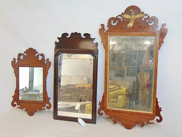 3 small Chippendale mirrors, two have inlaid detail, one with eagle, largest mirror ism 33.25" tall,