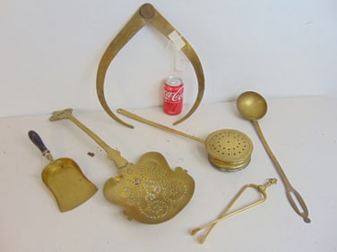 Lot brass tools, fireplace tools & misc. ladle, tongs etc., see images