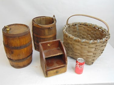2 small kegs, oak barrels, wall box & basket, kegs are 12" long, 8" wide approx. basket is 16"