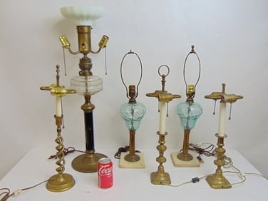 Lot table lamps, includes pair of column base lamps with blue glass & marble bases, pair brass
