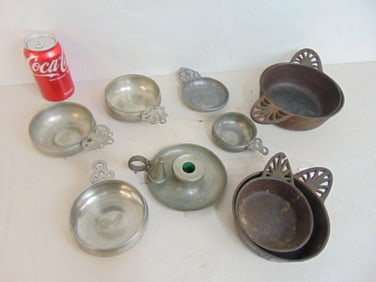 Lot Porringers sets & pewter candle holder, includes a scarce set of 4 iron porringers by Kenrick