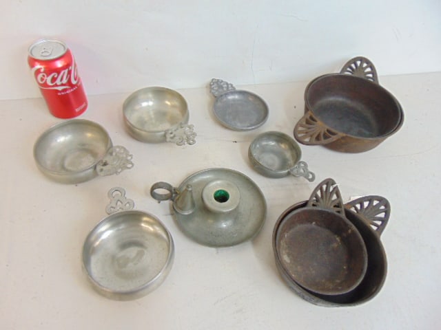 Lot Porringers sets & pewter candle holder, includes a scarce set of 4 iron porringers by Kenrick (1 of 4)
