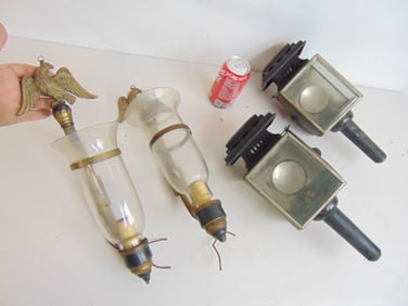 2 pair sconces, pair coach lantern sconces & pair brass eagle sconces with hurricane shades, 16" &