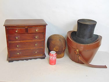 Miniature chest drawers, hat mold & hat in leather case, chest is 14.5" by 7.75", height is 14 3/8"