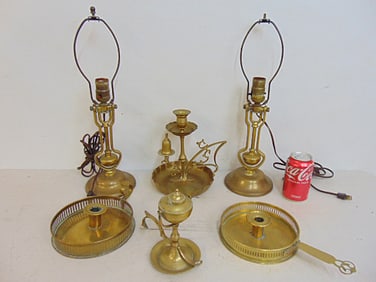 Pair brass ships lamps, two brass candle holders, ships oil lamp, candle holder, ships lamps are 18"