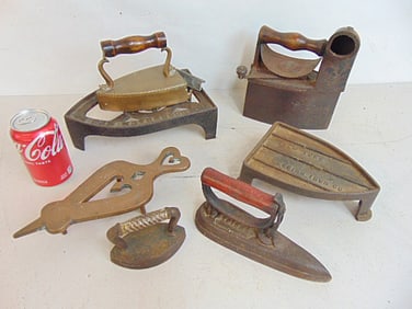 Lot early brass & iron irons, 4 irons plus 3 stands