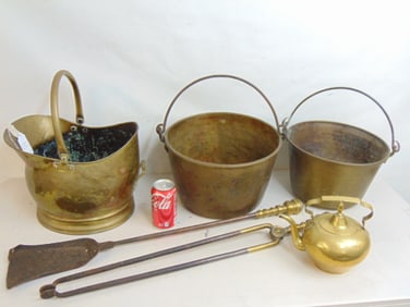 Brass coal scuttle, two brass buckets, brass tea kettle & 2 fireplace tongs & shuffle, 30" long