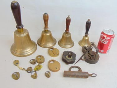 Lot early padlocks in brass & iron plus 4 bronze bells, largest bell is 10.25"