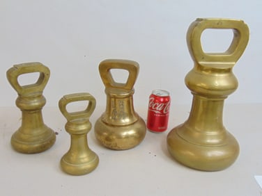 4 antique English brass weights including rare 56 pound "Ben" weight, circa 1890,, 14" tall, other