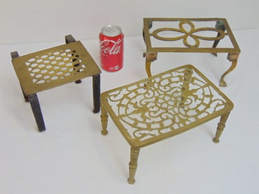 3 antique brass & iron fireplace trivets, 2 are 9" by 6"