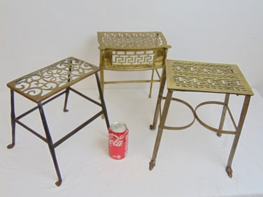 3 antique brass & iron fireplace trivets, tallest one is 12.25"