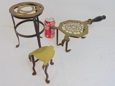 3 small antique brass & iron fireplace trivets, widest one is 15.5", tallest one is 8 7/8"