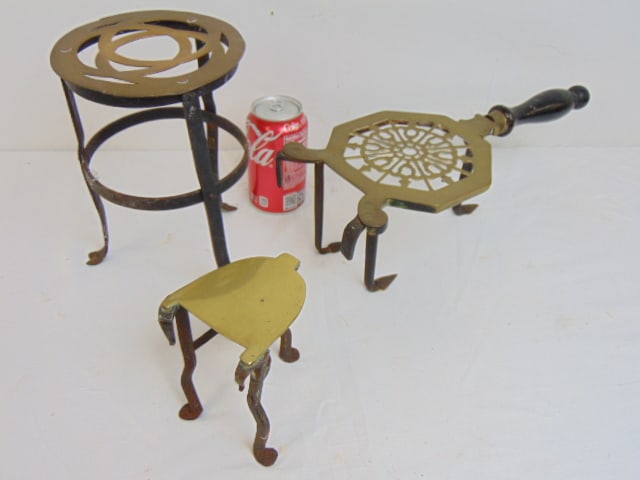 3 small antique brass & iron fireplace trivets, widest one is 15.5", tallest one is 8 7/8" (1 of 5)
