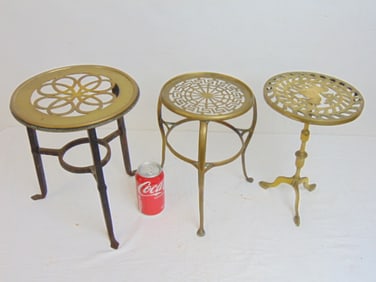 3 small antique brass & iron fireplace trivets, round, one with horse decoration, 12" tall