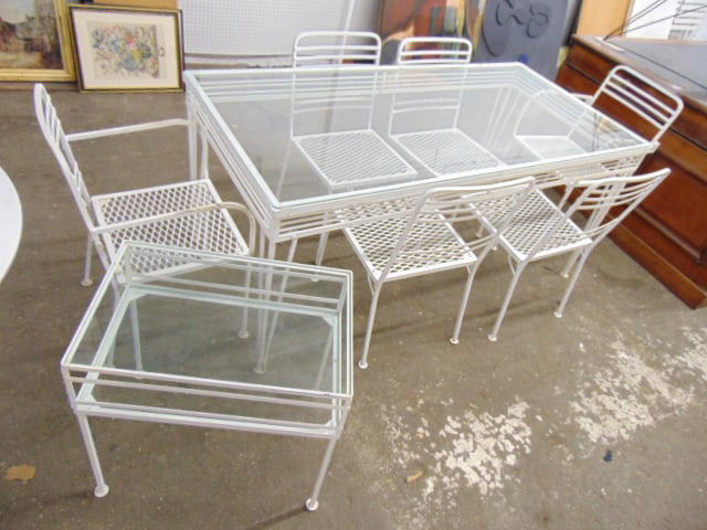 Patio set, wrought iron glass top table, 6 chairs & small side table, in white paint, table is 66" (1 of 6)