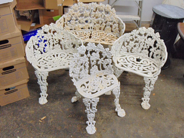 4 piece cast iron patio set with grape vine & grape decorations, 3 chairs & small loveseat, (1 of 5)