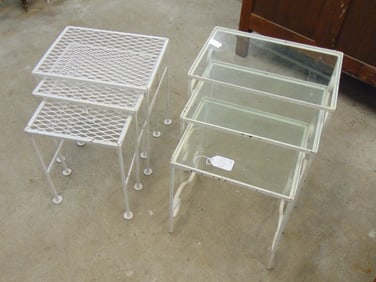 2 sets iron nesting tables, one with glass tops, 18 3/8" by 12 3/8" & 16 3/8" by 12.25"