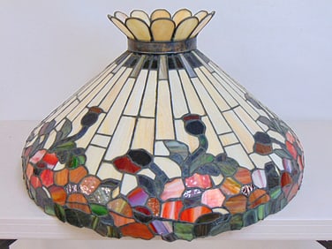 Large leaded hanging shade, floral border, 15.5" tall, diameter is 28", good condition