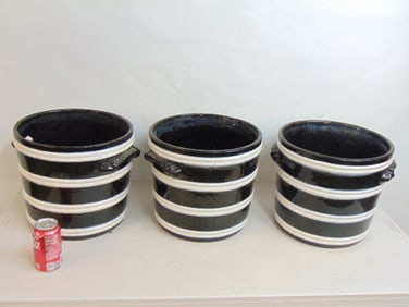 3 ceramic planters, in black with white horizontal bands, each planter is 13" wide, 11.5" tall, with