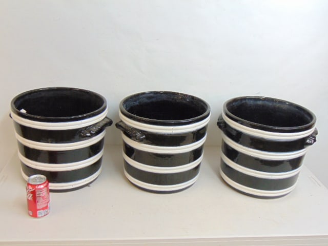 3 ceramic planters, in black with white horizontal bands, each planter is 13" wide, 11.5" tall, with (1 of 4)