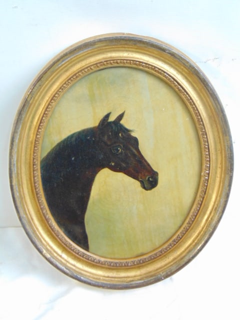 Small oval painting, horse portrait, unsigned, some info on reverse, "Oil Painting by F. Clarke (1 of 4)