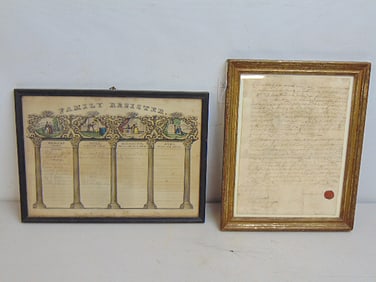 Early framed document & family register by N. Currier, letter dated 1734