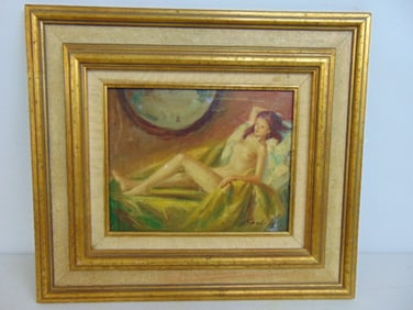 Painting, nude girl on bed, signed Raymond Kelly, oil on canvas, few small paint chips, gilt framed,