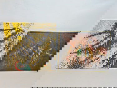 2 paintings, abstract & scene with musicians, abstract painting titled "The Runner", by Berger