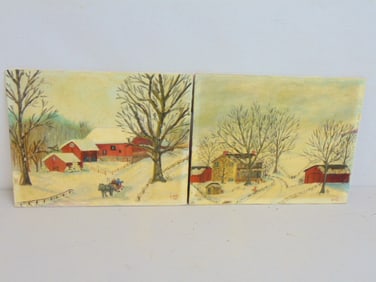 2 small folk art paintings, winter scenes, signed Passe 1950, oil on canvas board, 8" by 10" each