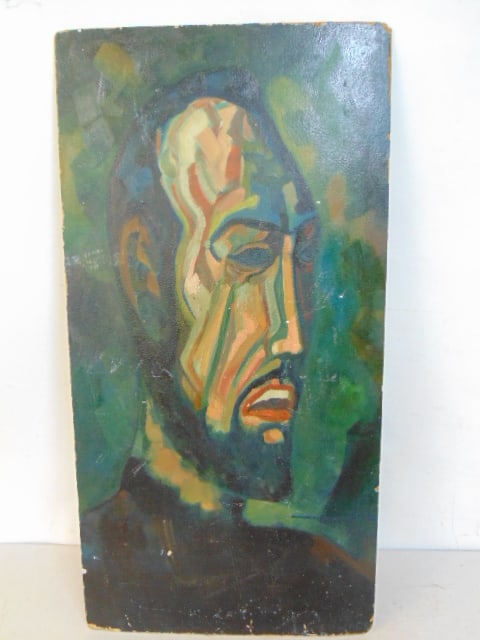 Painting, face & abstract (double sided), signed "R.C.B.", Robert C. Boernstein, oil on Masonite, (1 of 4)