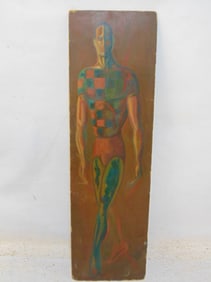 Painting, double sided, man walking & abstract, by Bob Boernstein, oil on board, 48" by 14"