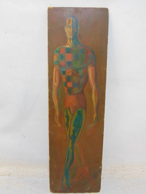 Painting, double sided, man walking & abstract, by Bob Boernstein, oil on board, 48" by 14": Painting, double sided, man walking & abstract, by Bob Boernstein, oil on board, 48" by 14"