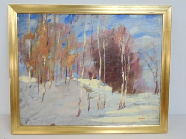 Painting, winter forest scene, signed E.M. Olsen (Ernie), oil on canvas board, 18" by 22.25" (framed