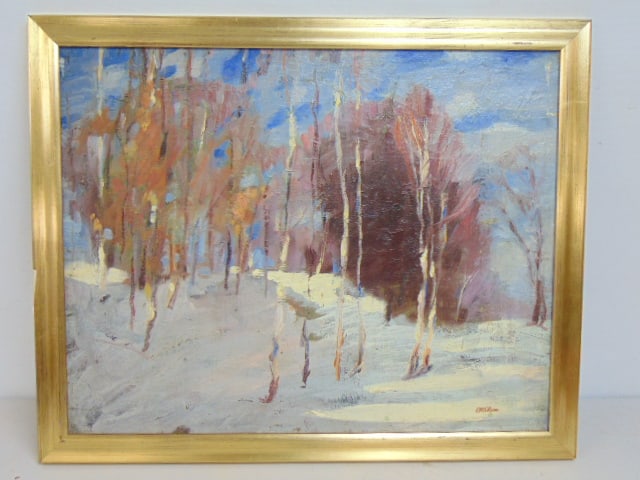Painting, winter forest scene, signed E.M. Olsen (Ernie), oil on canvas board, 18" by 22.25" (framed (1 of 3)
