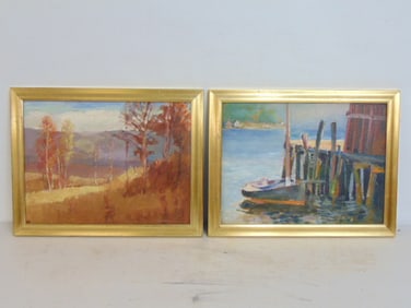 2 paintings, harbor scene & landscape, by Ernest Olsen, gilt framed, oil on board, 14" by 18" each