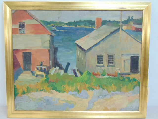 Painting, houses by bay, by E.M. Olsen (Ernie), oil on canvas board, 18" by 22": Painting, houses by bay, by E.M. Olsen (Ernie), oil on canvas board, 18" by 22"