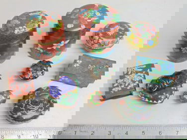 Lot of 9 small cloisonne boxes, some lidded, various sizes.