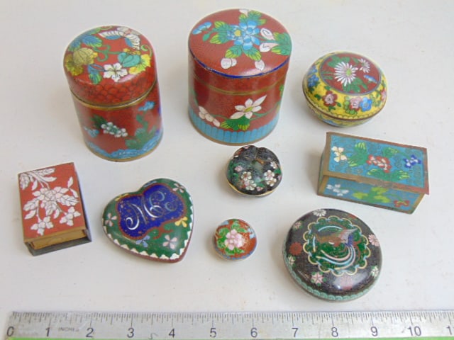 Lot of 9 small cloisonne boxes, some lidded, various sizes. (1 of 5)