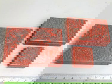 3 Cinnabar boxes, carved detail, largest is 7.,5" by 5", smallest is 2.75" by 2.75"