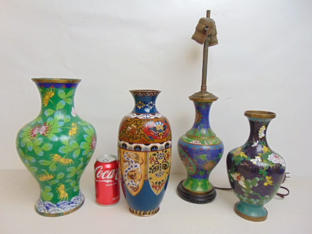 4 Cloisonne pieces, lamp & 3 vases, as is, some dents, chips, tallest vase is 13", lamp is 20": 4 Cloisonne pieces, lamp & 3 vases, as is, some dents, chips, tallest vase is 13", lamp is 20" including socket extension