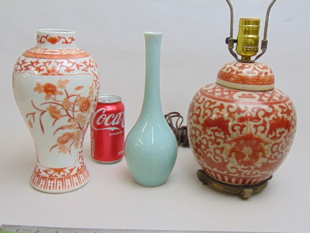 Chinese porcelain lot, lamped ginger jar, tall celadon vase & red & white decorated vase, celadon (1 of 4)