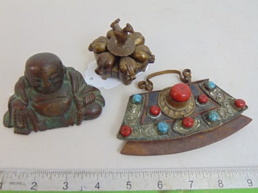 3 piece lot, Tibet Mechag or tinder pouch, small bronze Buddha & Indian Kumkum box